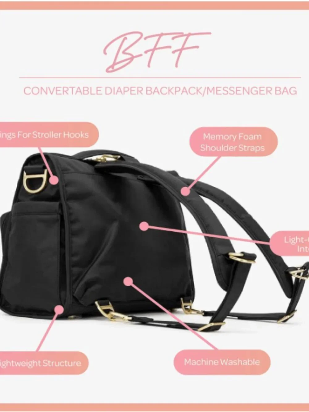 JuJuBe Black Convertible Diaper Bag Backpack Messenger Tote